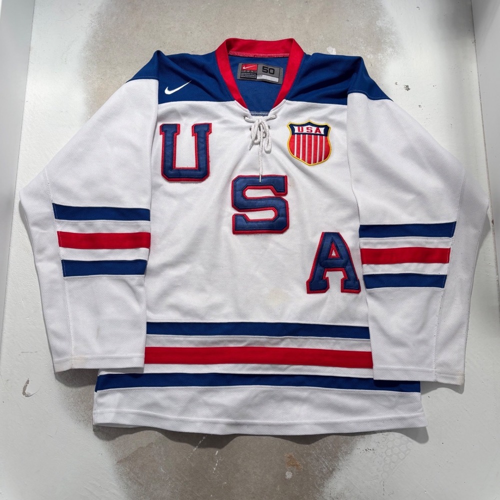 Nike Team USA Hockey Jersey Mens 50 White Red Blue Lace Up Fight Strap Authentic